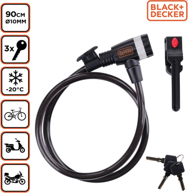 BLACK+DECKER Kerékpár kábelzár Ø1x90cm, 250g, 3 kulcs - Image 2