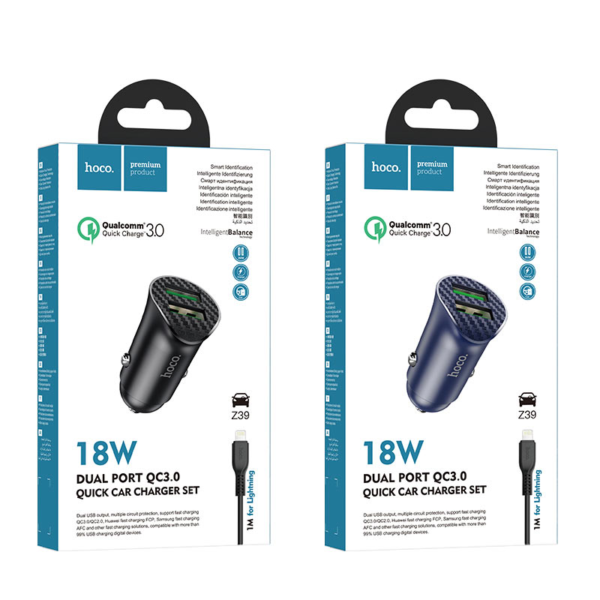 Hoco. Z39 Autós Gyorstöltő Adapter QC3.0 töltő kábellel - Image 5