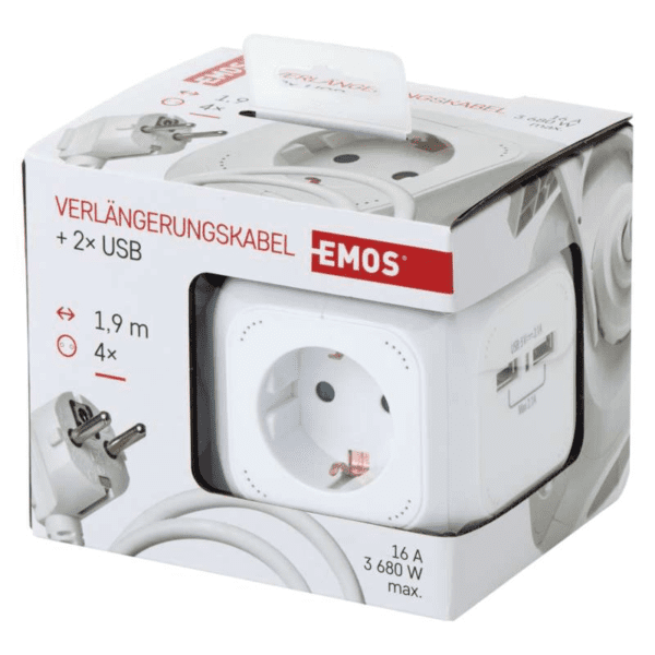 Emos Hosszabbító/elosztó (kocka) 1,9 m / 4 aljzat / fehér / PVC / USB / 1,5 mm2 - Image 6