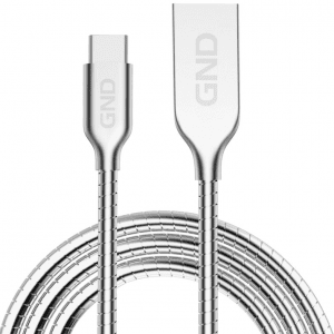 GND Type-C / USB-A Töltő- és adatkábel  1 méter,  acélspirál borítás, ezüst szín