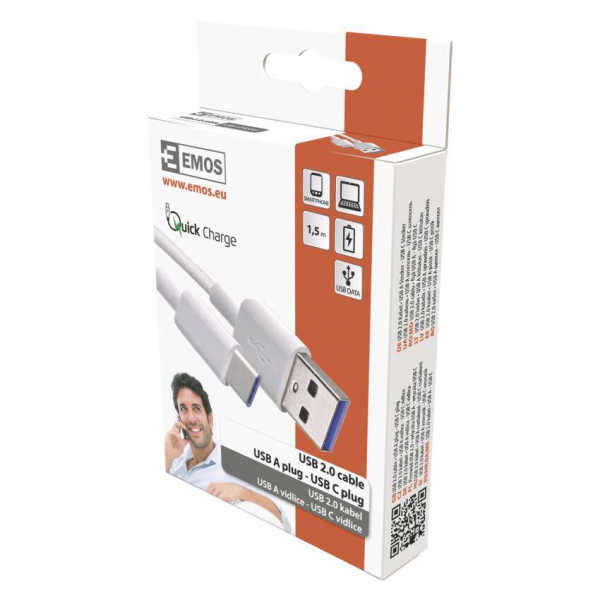EMOS Type-C 2.0/ USB-A 2.0 Töltő- és adatkábel 1,5 m, fehér - Image 2